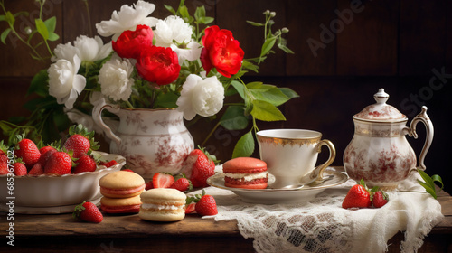Tea party table - green tea, strawberries, meringue on a wooden table, a wooden chair, a bouquet of peonies. Cozy interior