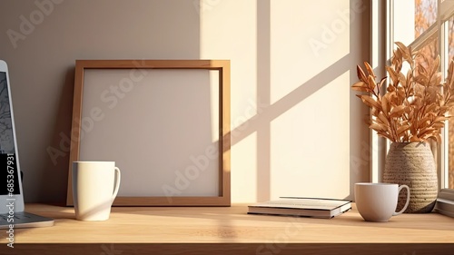 a breakfast still life on a wooden table in a minimalist home office, a cup of coffee, books, an empty photo frame mockup, and a vase with olive branches. © lililia
