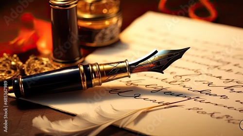 a fountain pen placed on an antique handwritten letter, showcasing the vintage nib pen and the intricacies of handwritten English cursive styles such as copperplate and Spencerian.