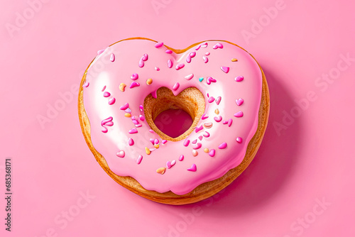 Heart shaped donut with glaze and sprinkles on pink pastel background. Generative AI