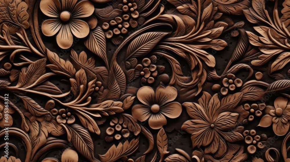 a fancy embossed leather background with intricate floral and cowboy western design elements. SEAMLESS PATTERN. SEAMLESS WALLPAPER. - obrazy, fototapety, plakaty 