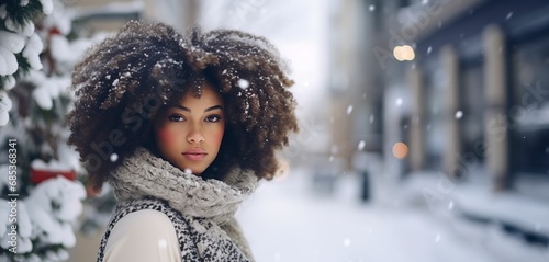 african american woman with afro style hair in the winter
