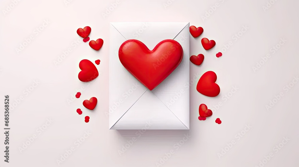 a love letter envelope overflowing with paper craft hearts arranged in a flat lay on a pink Valentine's or anniversary background, offering ample copy space.