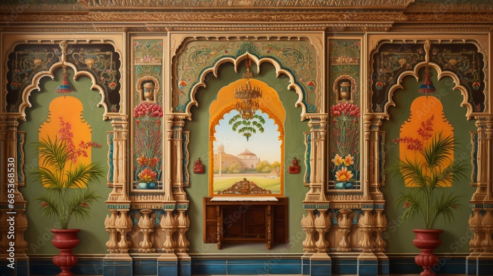 Explore the intricate details and vibrant colors of a traditional pooja room wall painting, a