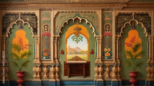 Explore the intricate details and vibrant colors of a traditional pooja room wall painting, a visual masterpiece. photo