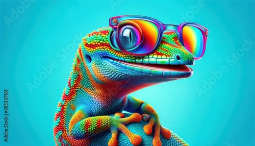 Vibrant Gecko with Colorful Sunglasses on Bright Turquoise Background  © DVS