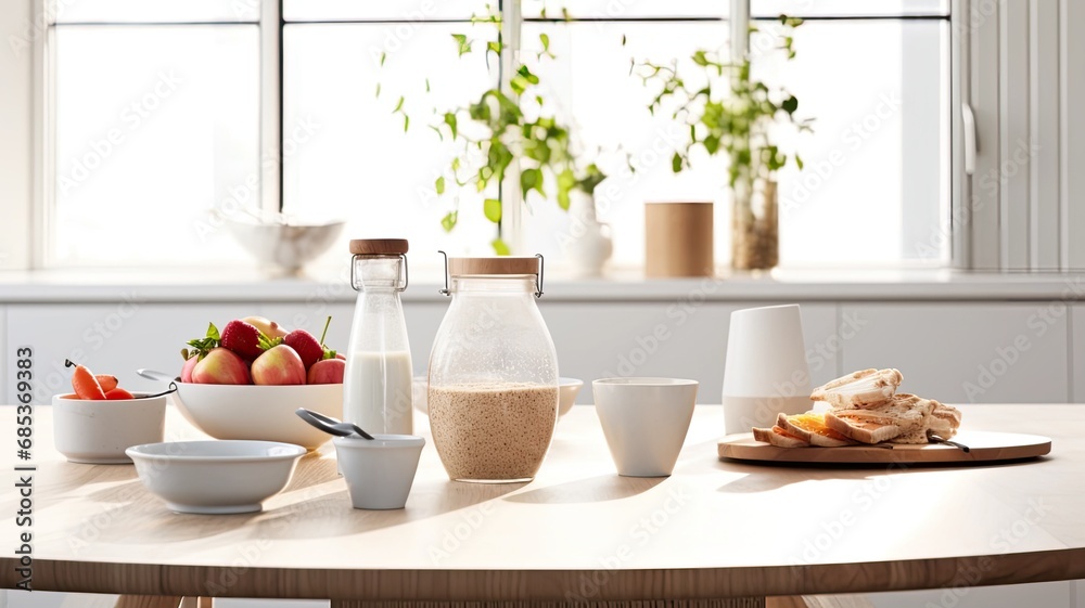 a healthy breakfast spread on a white countertop in a modern kitchen with a minimalist style, the essence of a nutritious morning meal.