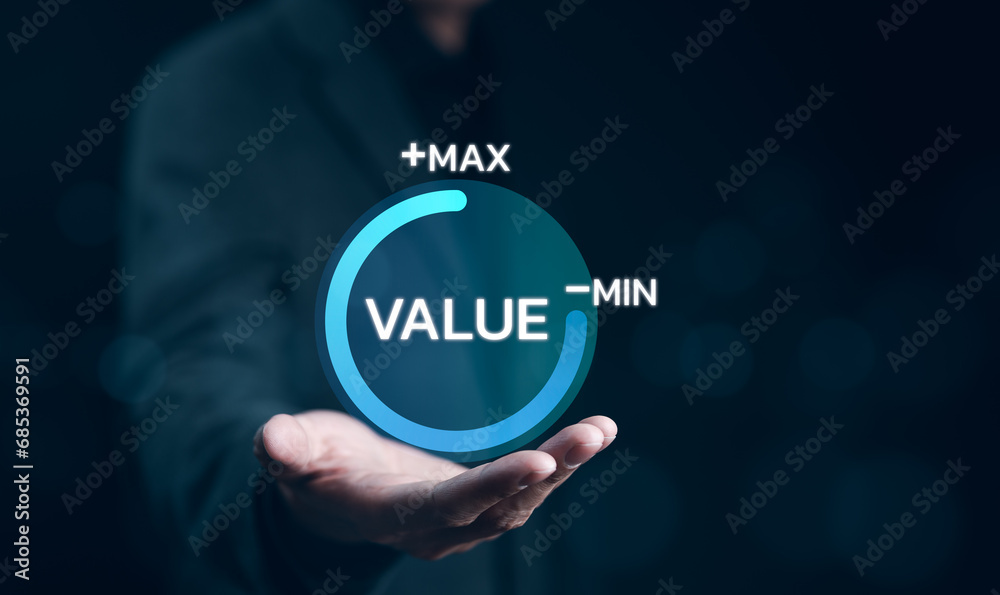 Value added or business growth concept. Businessman holding and showing virtual icon progress for increase value added to business product and service. Increase company sales, Digital marketing, - obrazy, fototapety, plakaty 