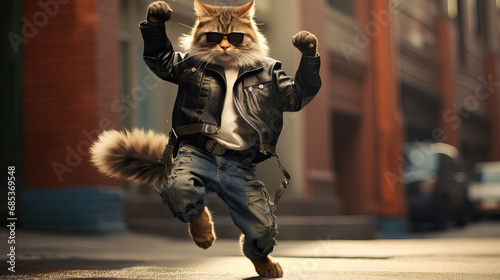 Cat in Sunglasses and leather jacket dancing in the street