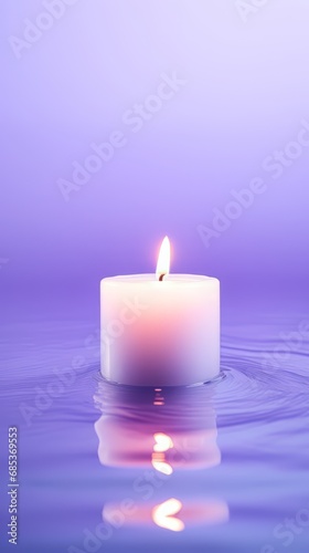 A serene spa ambiance with a white candle floating in water and a soothing lavender gradient effect.