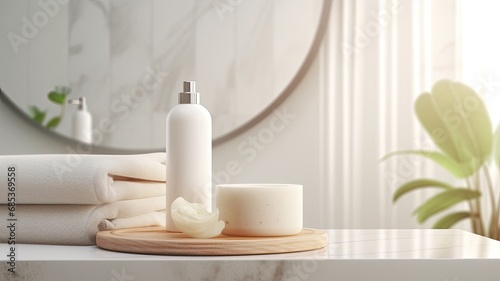a marble white round podium showcasing bathroom bath products, spa shampoo, shower gel, and liquid soap in a modern minimalist style. © lililia
