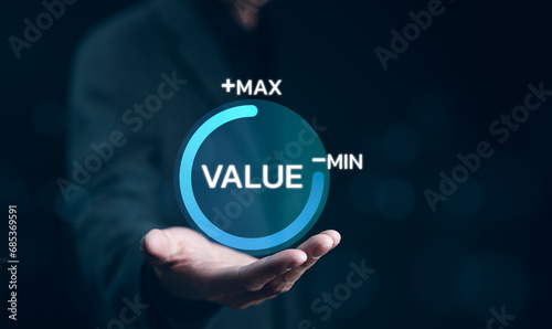 Value added or business growth concept. Businessman holding and showing virtual icon progress for increase value added to business product and service. Increase company sales, Digital marketing, photo