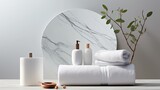 a marble white round podium showcasing bathroom bath products, spa shampoo, shower gel, and liquid soap in a modern minimalist style.