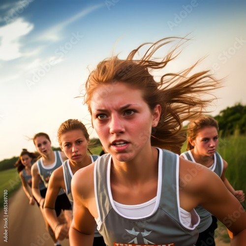 Runners sprinting on a forest road. © Artur