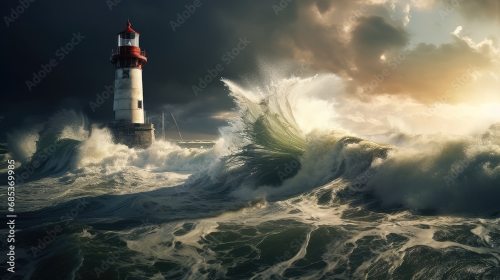 a lighthouse standing resilient against an approaching tornado or typhoon, capturing the power of nature.