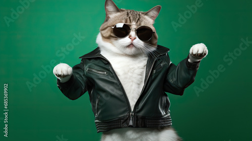 Cat dancing in punk rock clothing leather jacket and sunglasses