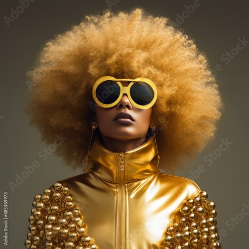 Dressed in opulent gold, the woman flaunts a golden Afro and stylish sunglasses.