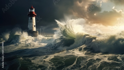 a lighthouse standing resilient against an approaching tornado or typhoon, capturing the power of nature.