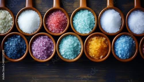 Set of cosmetic sea salt. Bath crystals. Aromatherapy at home. Banner. photo