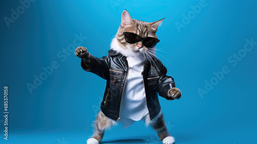 Cat dancing in punk rock clothing leather jacket and sunglasses