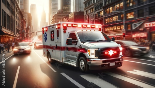 A medical emergency ambulance car driving through the city on a road during the day, with its red lights on.
