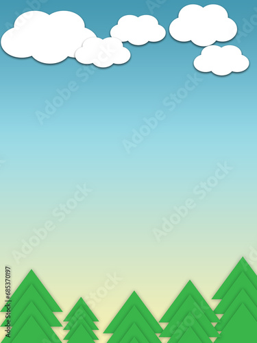 Sky background illustration with white clouds and pine trees