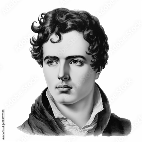 Black and white vintage engraving, headshot portrait of Lord Byron (George Gordon Byron) the famous English poet, white background, greyscale - Generative AI photo
