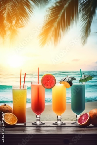 Vibrant summer cocktails or mocktails in glass tumblers with ice, adorned with colorful fruits on sunny beach bar table. Refreshing and visually appealing, perfect for warm days and festive occasions.