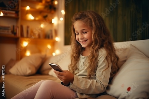 beautiful and smart girl using smart phone sitting in the living room