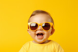 Funny baby boy wearing big sunglasess isolated on yellow background