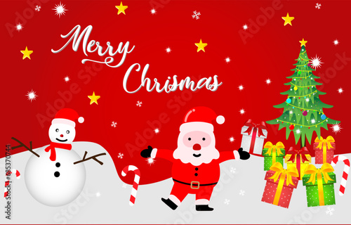 banner dan card Merry Christmas with Christmas tree, gift boxes in snow, santa claus and snowman. Christmas red background winter Holiday design. Vector illustration © Erfan