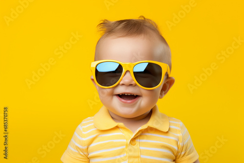 Funny baby boy wearing big sunglasess isolated on yellow background photo