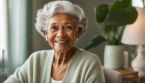 Beautiful elderly lady at home with copy space