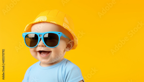 Funny baby boy wearing big sunglasess isolated on yellow background © patternforstock