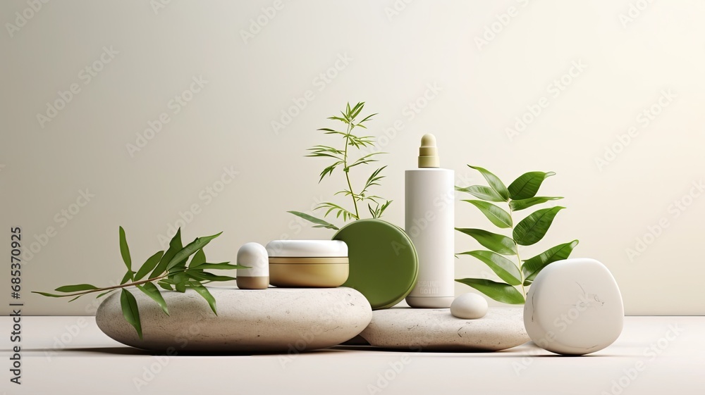 an aesthetically pleasing arrangement featuring a set of organic spa cosmetics with green leaves, emphasizing a modern minimalist style.