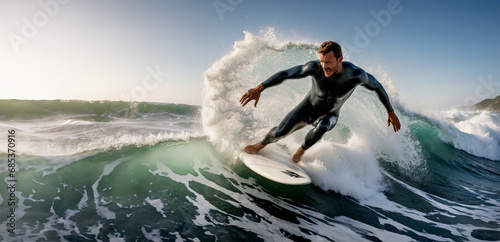 A fearless surfer riding a wave. photo