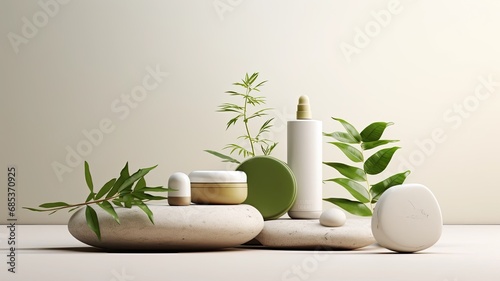 an aesthetically pleasing arrangement featuring a set of organic spa cosmetics with green leaves  emphasizing a modern minimalist style.