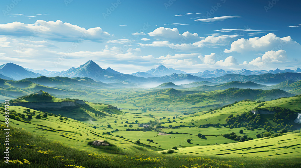 Green valley blue sky background