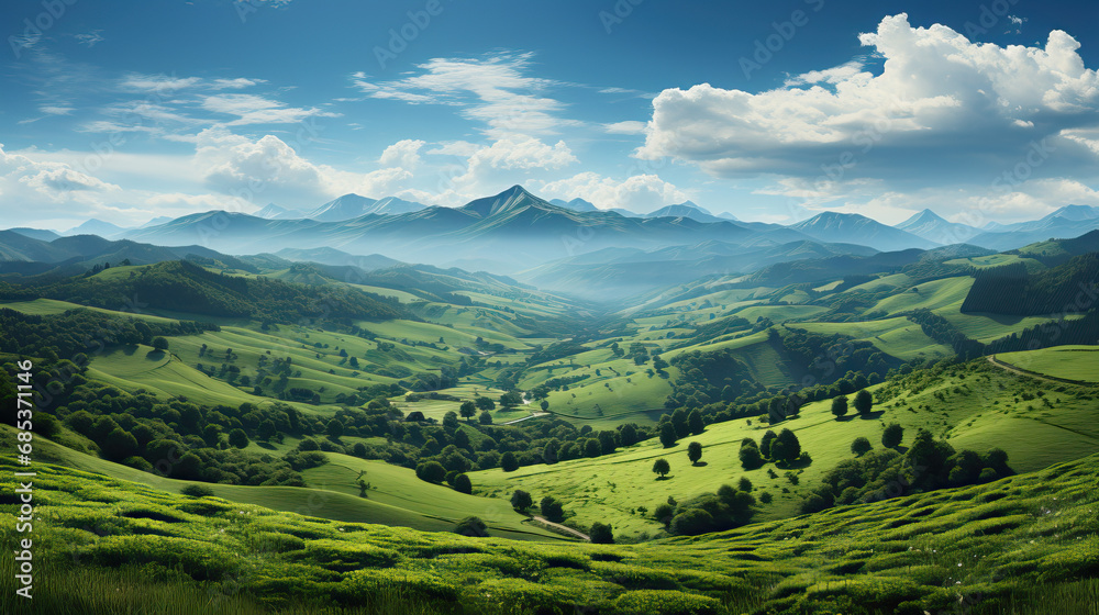 Green valley blue sky background