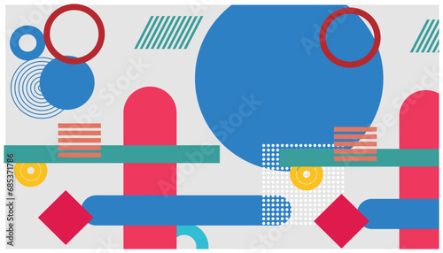 Abstract background with geometric shapes. Colored circles, rectangles and lines in retro style. Vector illustration in flat design style. Can be used for advertising, presentation