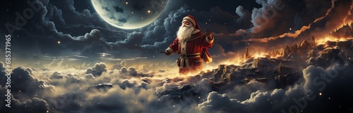  man with a white beard, Santa Claus flies across the sky in a sleigh and with reindeer. Festive character symbol of Christmas and New Year. Good-natured active old man.	
 photo