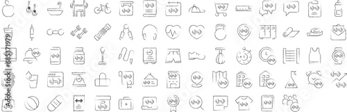 Gym exercise hand drawn icons set  including icons such as Dumbbell  Cloth  Calendar  Bicycle  Analytics  and more. pencil sketch vector icon collection