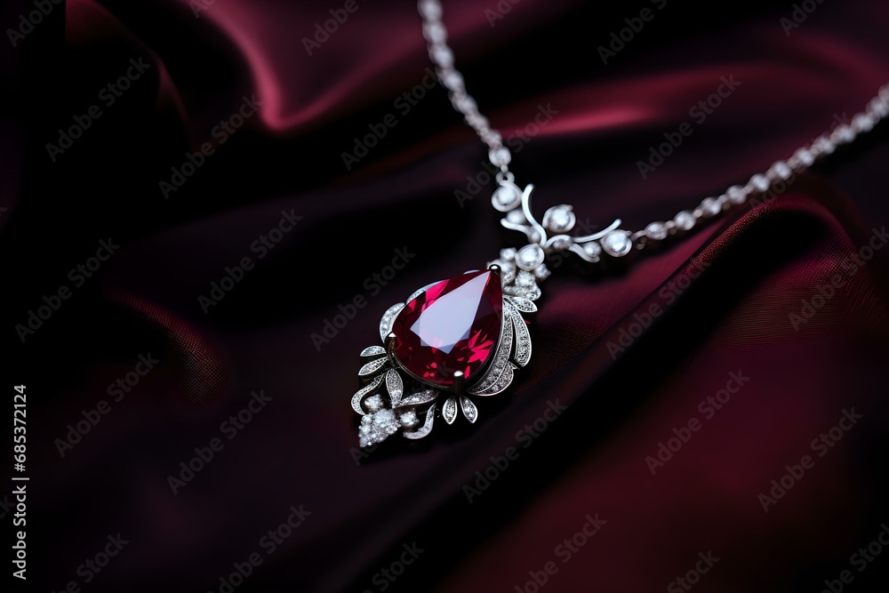 A beautiful ruby and diamond necklace presented on red silk - obrazy, fototapety, plakaty 