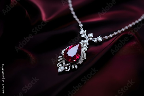 A beautiful ruby and diamond necklace presented on red silk photo