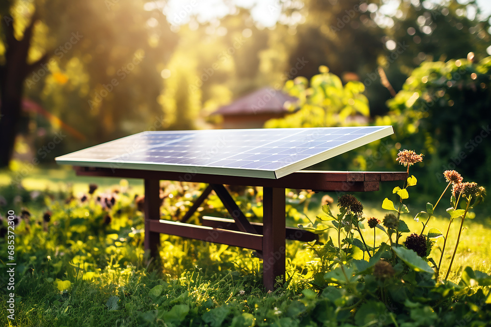 Naklejka premium Green energy concept with outdoor solar panels and industrial roof equipped with tone solar cells