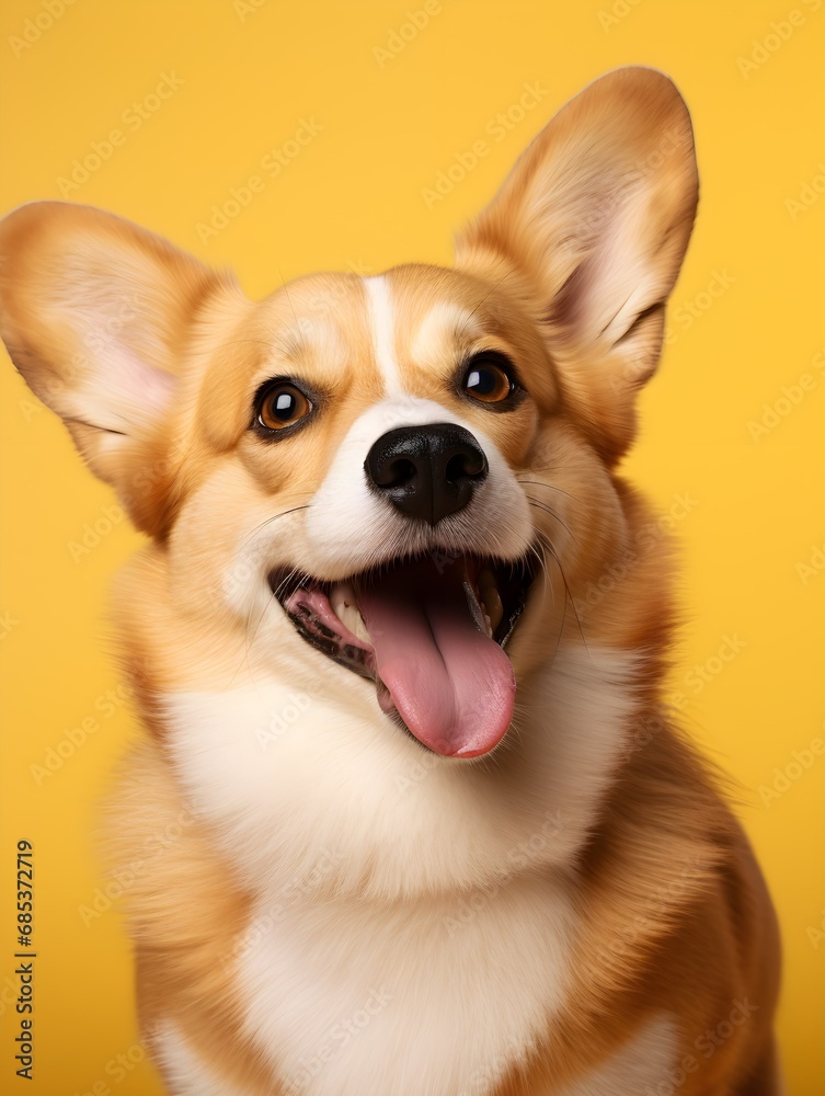 smiling corgi friendly dog studio shot on yellow background. Generative AI