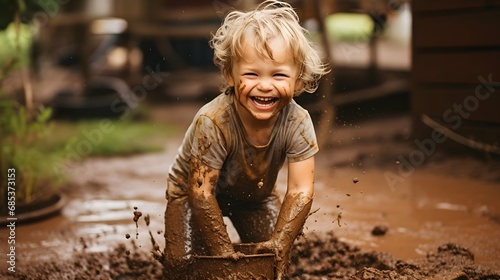 smiling happiness kid playing with mud dirt outdoor backyard garden. Generative AI photo