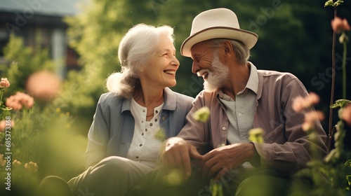 lovely sweet old age retred marry pension couple travel relax casual moment in garden park natural outdoor park scenery peaceful moment together healthy lifestyle. Generative AI photo