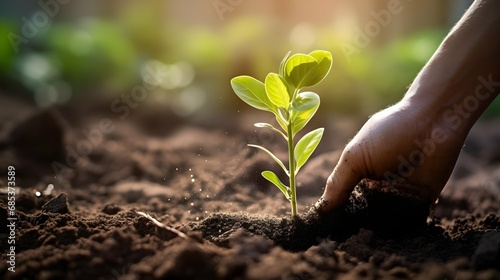 gardener hand closeup plant and watering small plant tree on soil ground. Generative AI