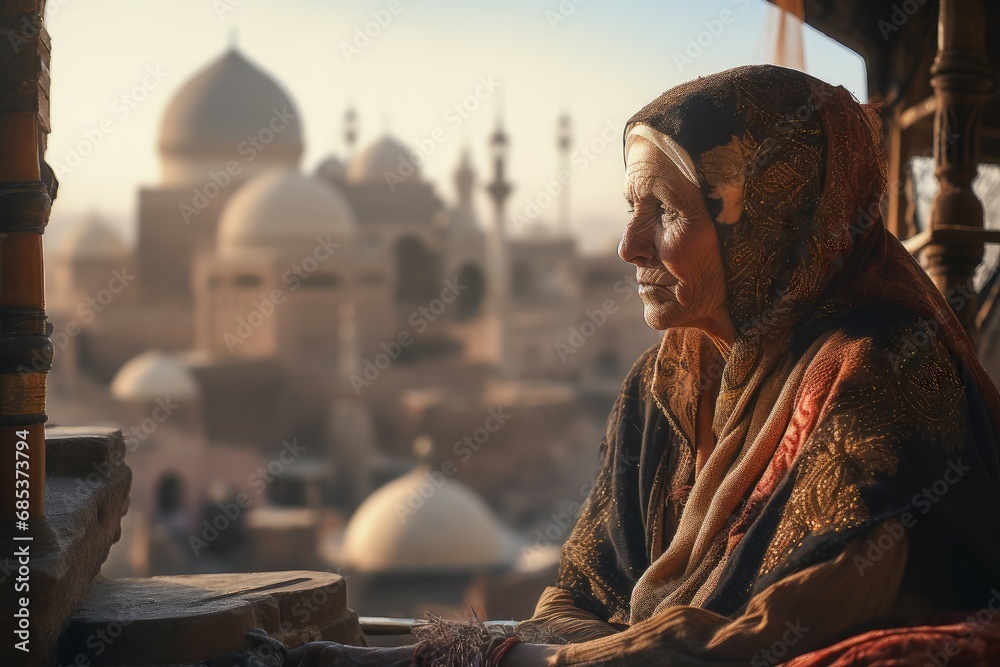 Mysterious Person old woman egyptian city. Travel culture. Generate AI